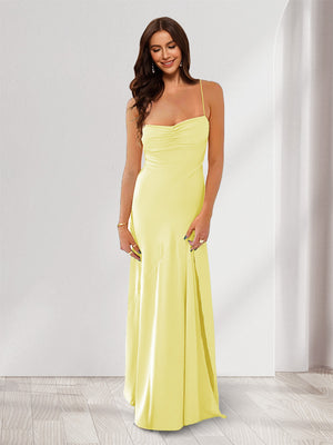 Sheath/Column Spaghetti Straps Pleated Long Bridesmaid Dresses with Split Side