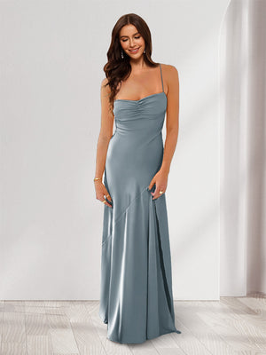 Sheath/Column Spaghetti Straps Pleated Long Bridesmaid Dresses with Split Side