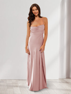 Sheath/Column Spaghetti Straps Pleated Long Bridesmaid Dresses with Split Side