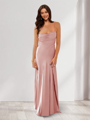 Sheath/Column Spaghetti Straps Pleated Long Bridesmaid Dresses with Split Side