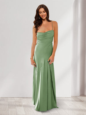 Sheath/Column Spaghetti Straps Pleated Long Bridesmaid Dresses with Split Side
