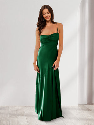 Sheath/Column Spaghetti Straps Pleated Long Bridesmaid Dresses with Split Side