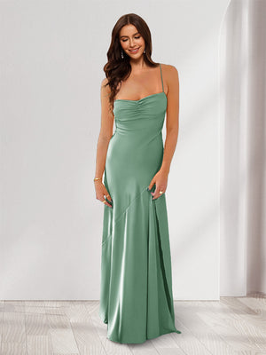 Sheath/Column Spaghetti Straps Pleated Long Bridesmaid Dresses with Split Side