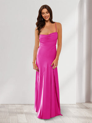 Sheath/Column Spaghetti Straps Pleated Long Bridesmaid Dresses with Split Side