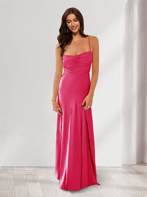 Sheath/Column Spaghetti Straps Pleated Long Bridesmaid Dresses with Split Side