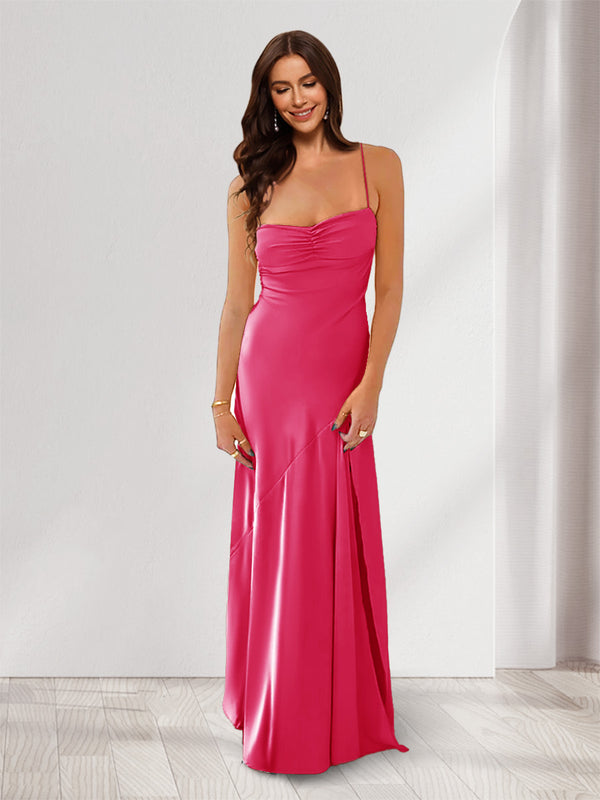 Sheath/Column Spaghetti Straps Pleated Long Bridesmaid Dresses with Split Side