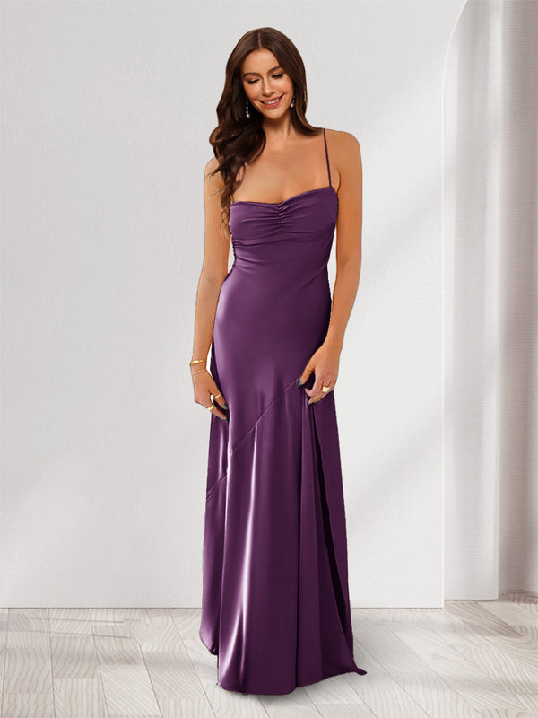 Sheath/Column Spaghetti Straps Pleated Long Bridesmaid Dresses with Split Side