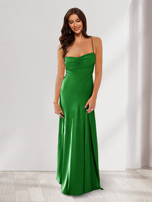 Sheath/Column Spaghetti Straps Pleated Long Bridesmaid Dresses with Split Side