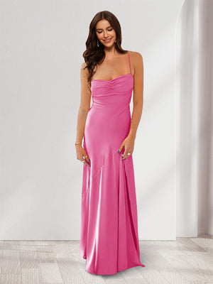 Sheath/Column Spaghetti Straps Pleated Long Bridesmaid Dresses with Split Side