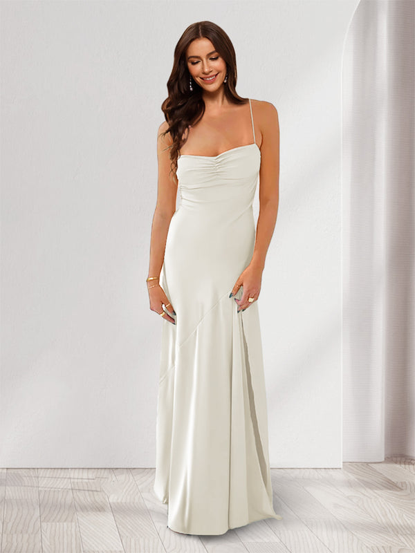 Sheath/Column Spaghetti Straps Pleated Long Bridesmaid Dresses with Split Side