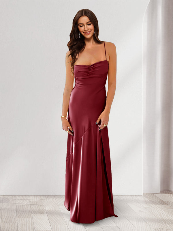 Sheath/Column Spaghetti Straps Pleated Long Bridesmaid Dresses with Split Side