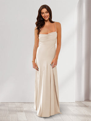Sheath/Column Spaghetti Straps Pleated Long Bridesmaid Dresses with Split Side