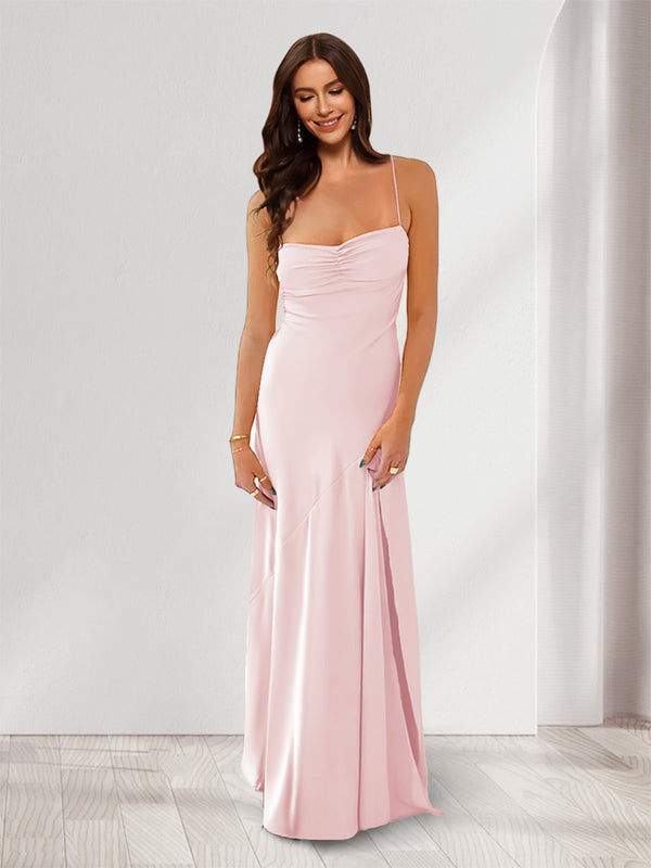 Sheath/Column Spaghetti Straps Pleated Long Bridesmaid Dresses with Split Side