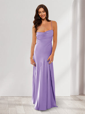 Sheath/Column Spaghetti Straps Pleated Long Bridesmaid Dresses with Split Side