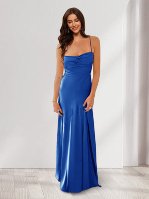 Sheath/Column Spaghetti Straps Pleated Long Bridesmaid Dresses with Split Side
