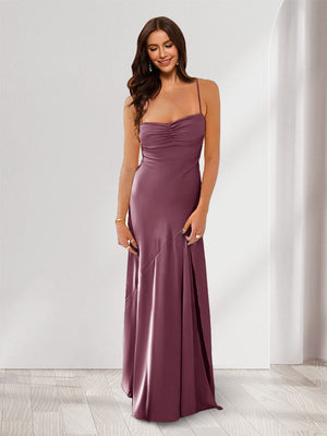 Sheath/Column Spaghetti Straps Pleated Long Bridesmaid Dresses with Split Side