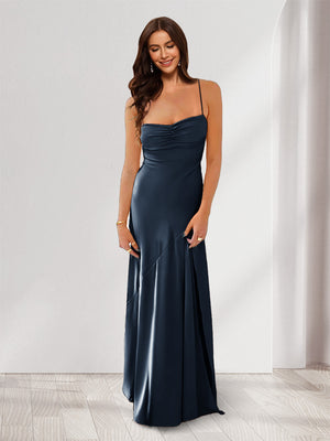 Sheath/Column Spaghetti Straps Pleated Long Bridesmaid Dresses with Split Side