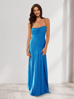 Sheath/Column Spaghetti Straps Pleated Long Bridesmaid Dresses with Split Side