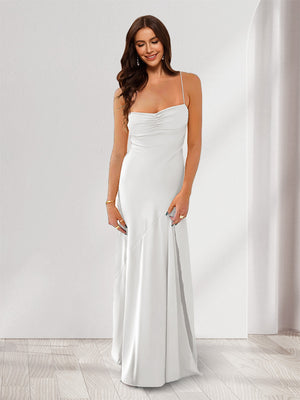 Sheath/Column Spaghetti Straps Pleated Long Bridesmaid Dresses with Split Side
