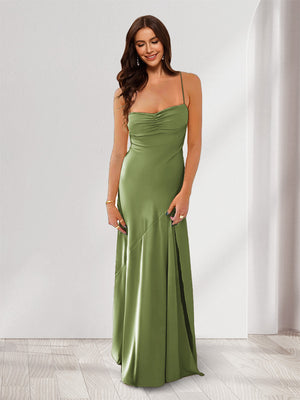 Sheath/Column Spaghetti Straps Pleated Long Bridesmaid Dresses with Split Side