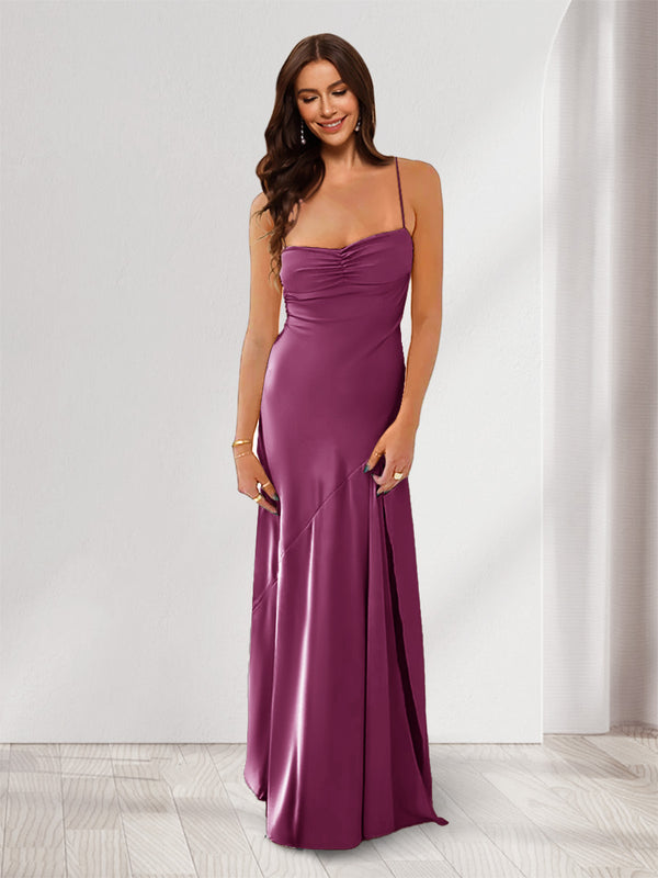 Sheath/Column Spaghetti Straps Pleated Long Bridesmaid Dresses with Split Side