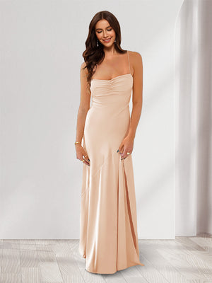 Sheath/Column Spaghetti Straps Pleated Long Bridesmaid Dresses with Split Side