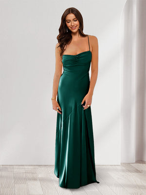 Sheath/Column Spaghetti Straps Pleated Long Bridesmaid Dresses with Split Side