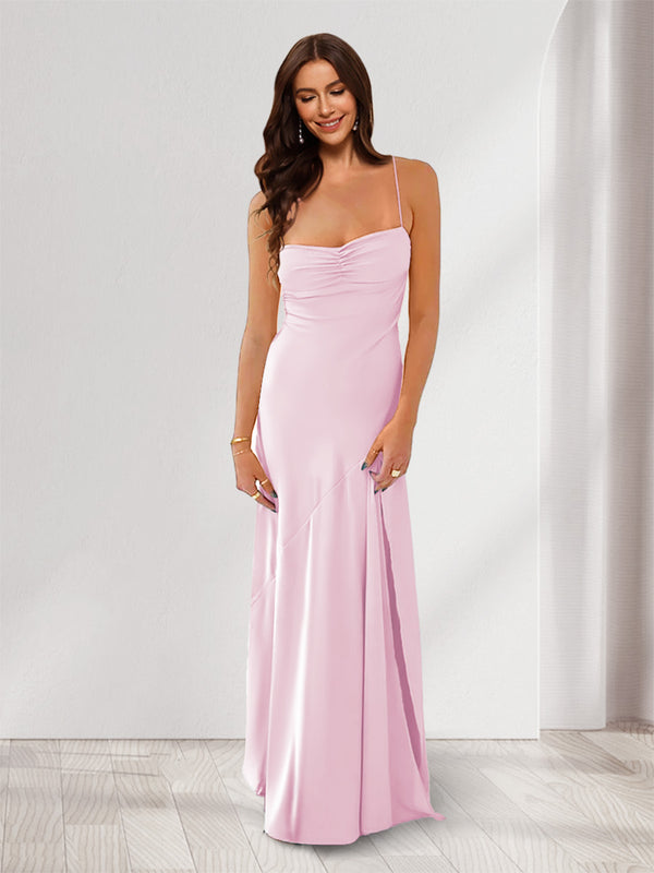 Sheath/Column Spaghetti Straps Pleated Long Bridesmaid Dresses with Split Side