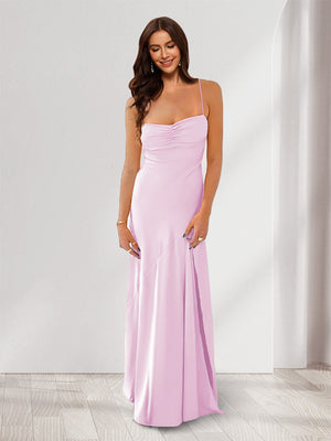 Sheath/Column Spaghetti Straps Pleated Long Bridesmaid Dresses with Split Side