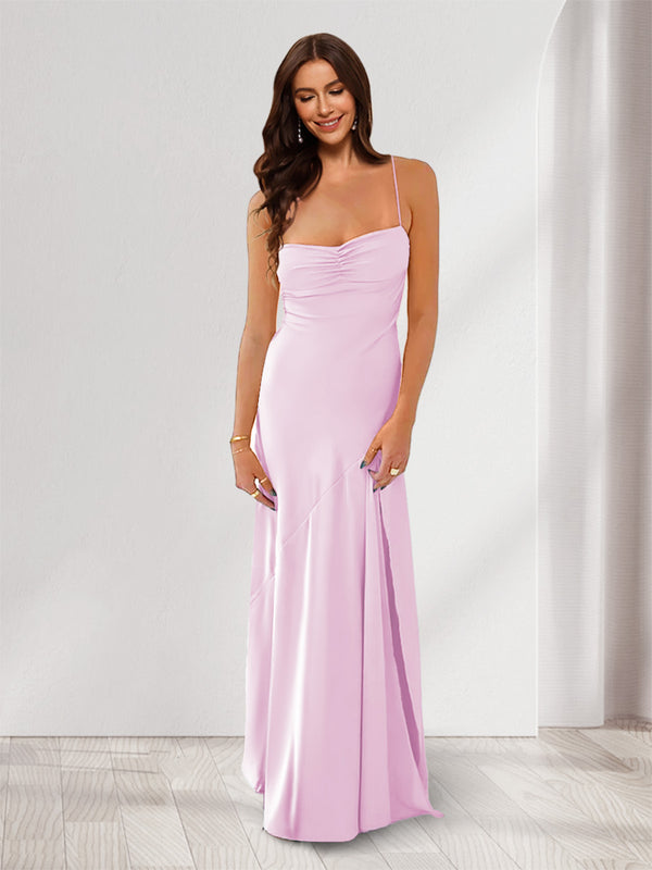 Sheath/Column Spaghetti Straps Pleated Long Bridesmaid Dresses with Split Side