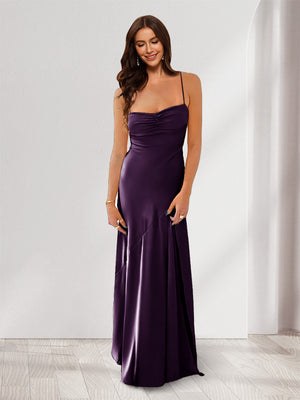 Sheath/Column Spaghetti Straps Pleated Long Bridesmaid Dresses with Split Side