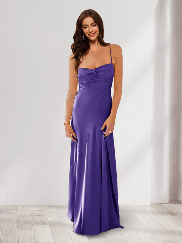 Sheath/Column Spaghetti Straps Pleated Long Bridesmaid Dresses with Split Side