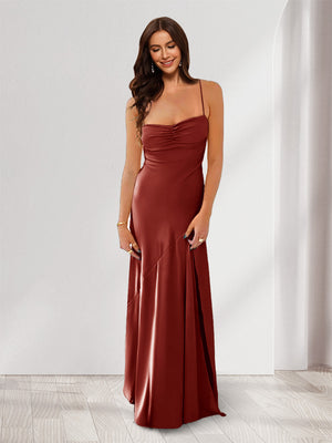 Sheath/Column Spaghetti Straps Pleated Long Bridesmaid Dresses with Split Side