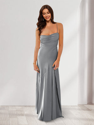Sheath/Column Spaghetti Straps Pleated Long Bridesmaid Dresses with Split Side