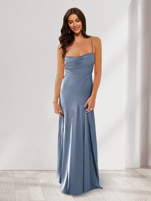Sheath/Column Spaghetti Straps Pleated Long Bridesmaid Dresses with Split Side