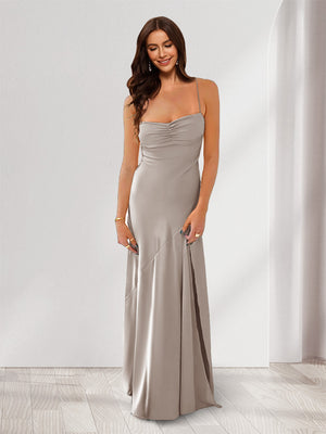 Sheath/Column Spaghetti Straps Pleated Long Bridesmaid Dresses with Split Side