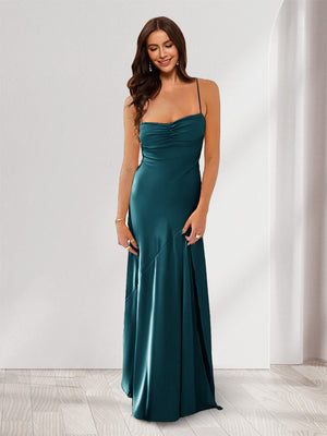Sheath/Column Spaghetti Straps Pleated Long Bridesmaid Dresses with Split Side