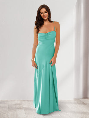 Sheath/Column Spaghetti Straps Pleated Long Bridesmaid Dresses with Split Side