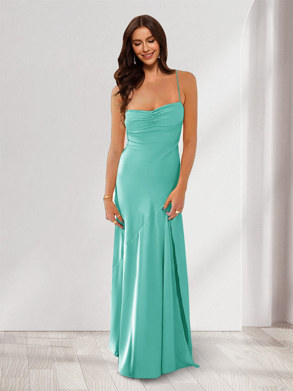 Sheath/Column Spaghetti Straps Pleated Long Bridesmaid Dresses with Split Side
