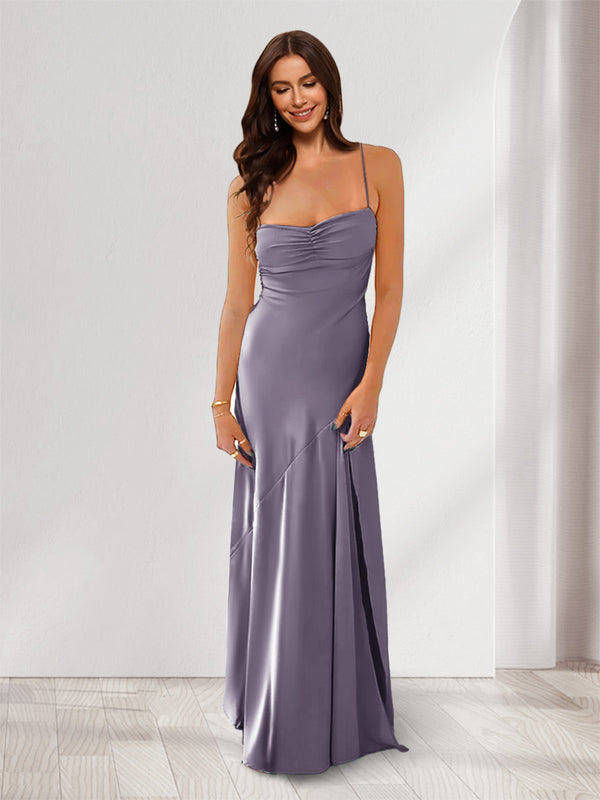 Sheath/Column Spaghetti Straps Pleated Long Bridesmaid Dresses with Split Side