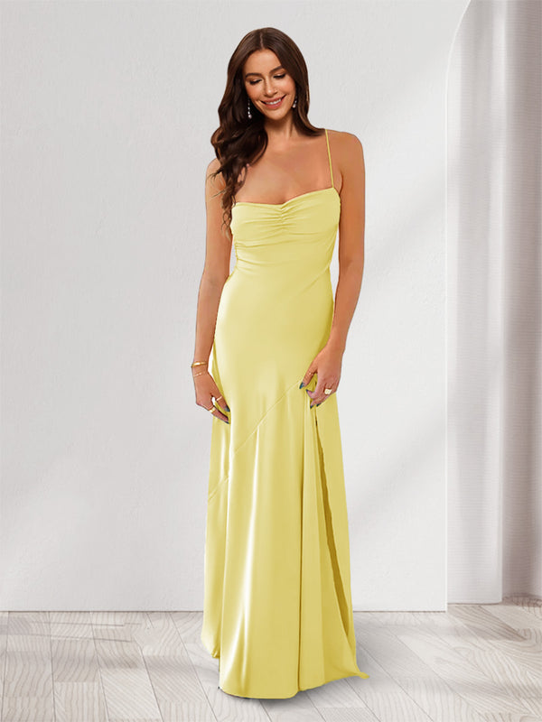 Sheath/Column Spaghetti Straps Pleated Long Bridesmaid Dresses with Split Side