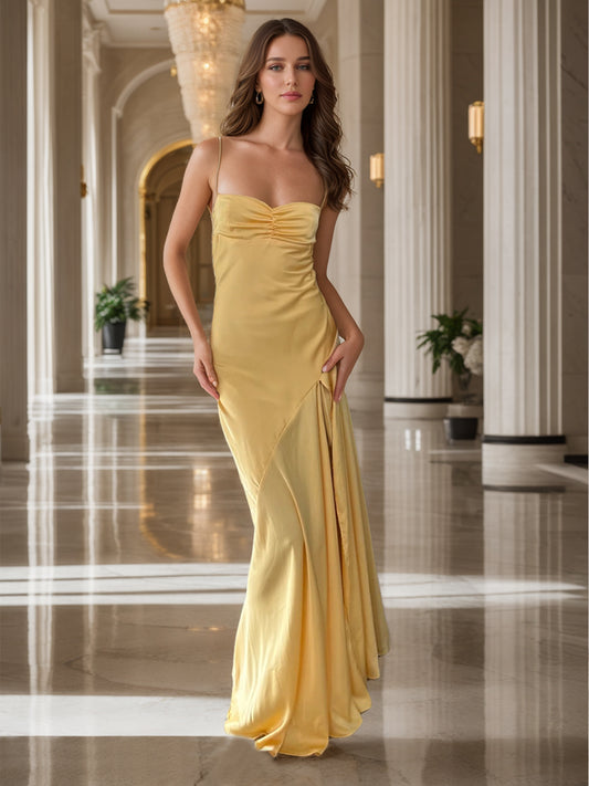 Sheath/Column Spaghetti Straps Pleated Maxi Dresses Long Party Dresses with Split Side