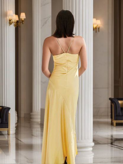 Sheath/Column Spaghetti Straps Pleated Maxi Dresses Long Party Dresses with Split Side