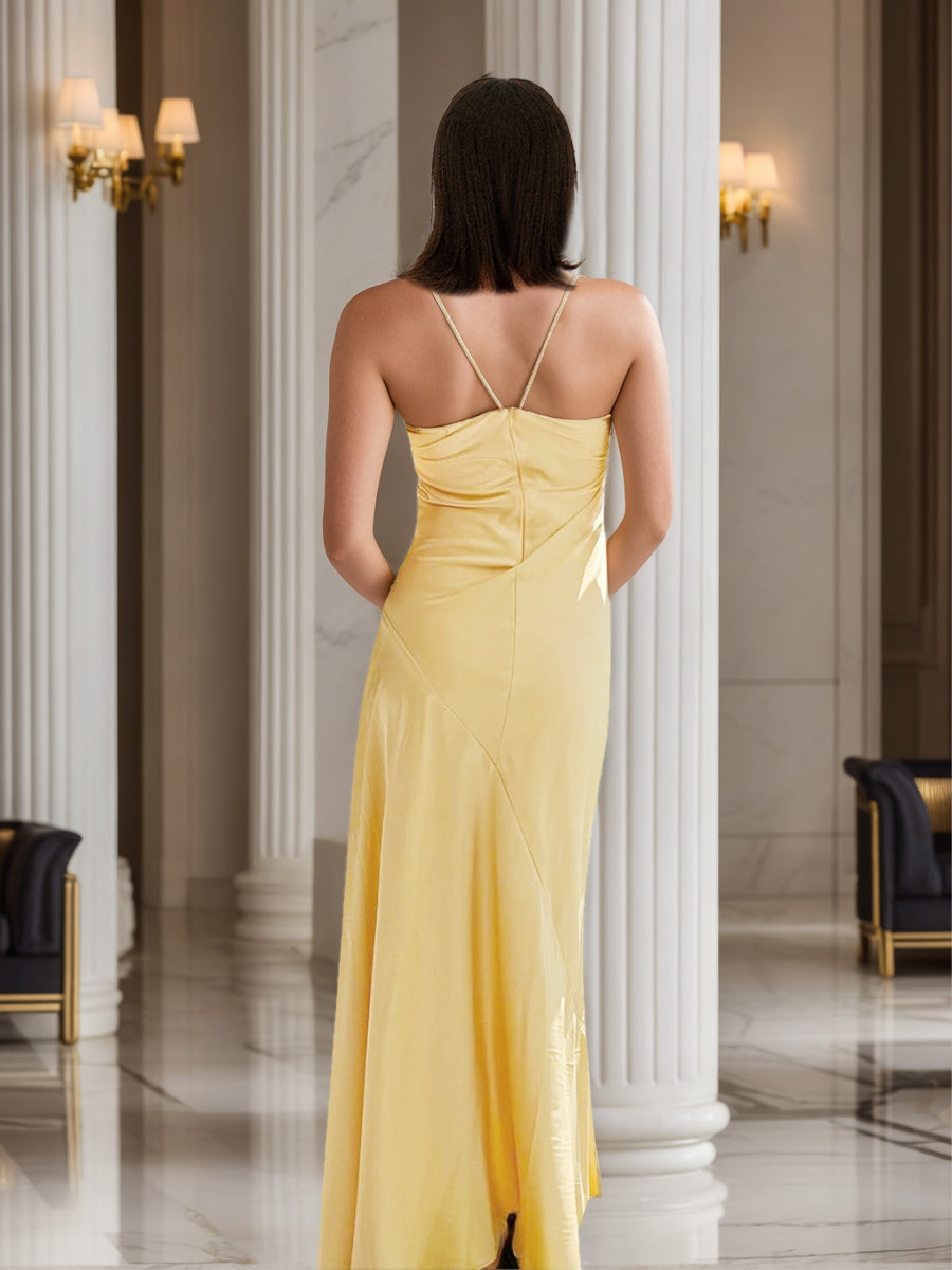 Sheath/Column Spaghetti Straps Pleated Maxi Dresses Long Party Dresses with Split Side