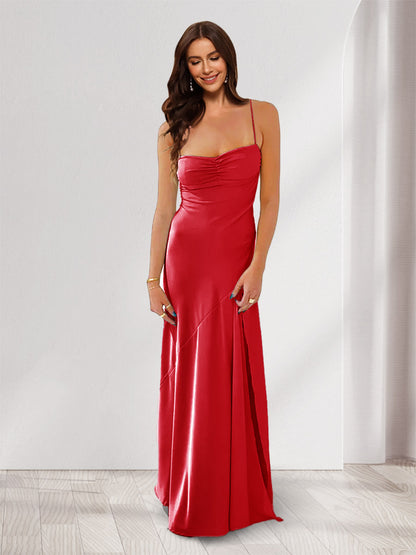 Sheath/Column Spaghetti Straps Pleated Maxi Dresses Long Party Dresses with Split Side