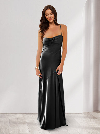 Sheath/Column Spaghetti Straps Pleated Maxi Dresses Long Party Dresses with Split Side