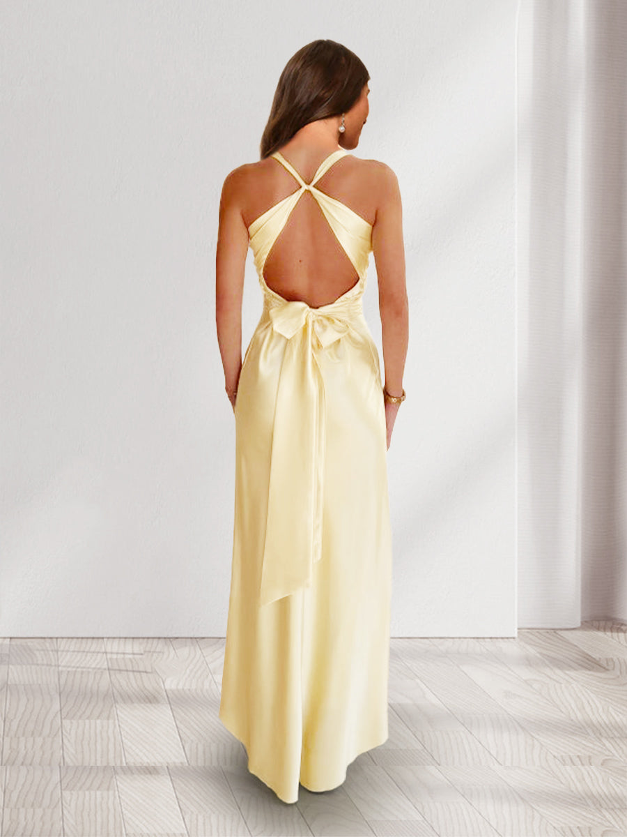 Sheath/Column Deep V-Neck Pleated Long Bridesmaid Dresses with Bow Back