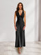 Sheath/Column Deep V-Neck Pleated Long Bridesmaid Dresses with Bow Back