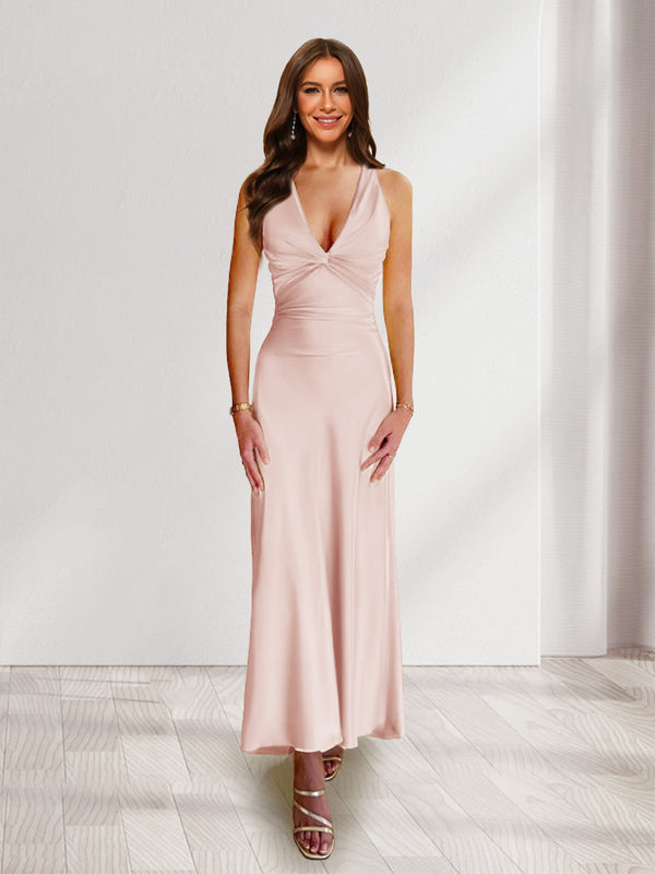 Sheath/Column Deep V-Neck Pleated Long Bridesmaid Dresses with Bow Back