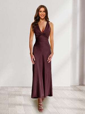 Sheath/Column Deep V-Neck Pleated Long Bridesmaid Dresses with Bow Back